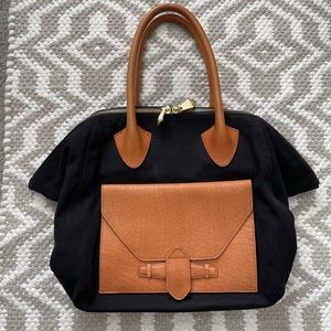 Pour La Victoire large black and tan leather purse tote bag